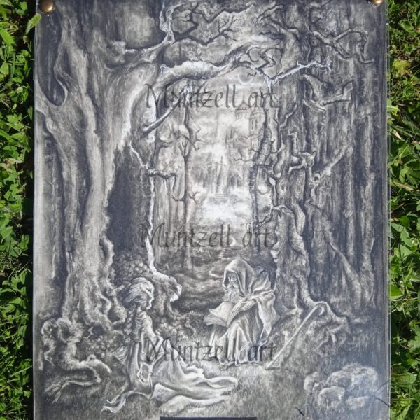 Obra original de fantasía a lápiz de Merlín y Nimué