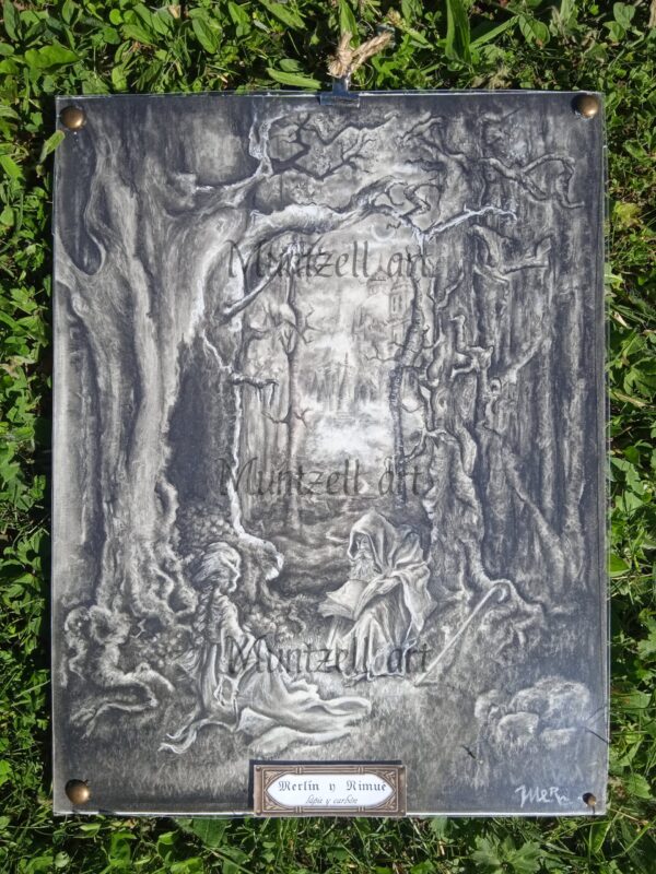 Obra original de fantasía a lápiz de Merlín y Nimué