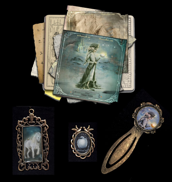 Pack de fantasía Aine compuesto por dos marcapáginas, colgante, una lámina con leyenda celta y un cuaderno con ilustración