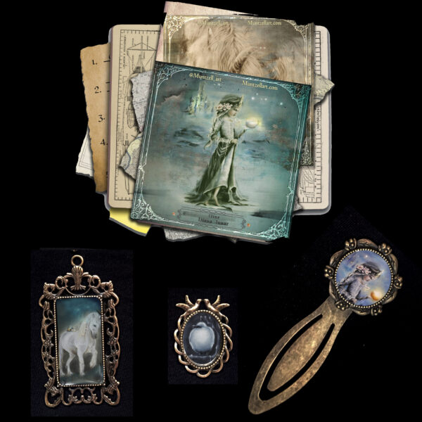 Pack de fantasía Aine compuesto por dos marcapáginas, colgante, una lámina con leyenda celta y un cuaderno con ilustración