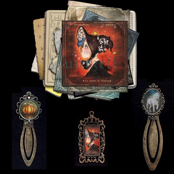 Pack de fantasía "Brujita de Samhain" compuesto por dos marcapáginas, un colgante, una lámina con leyenda de fantasía y un cuaderno con ilustración en portada