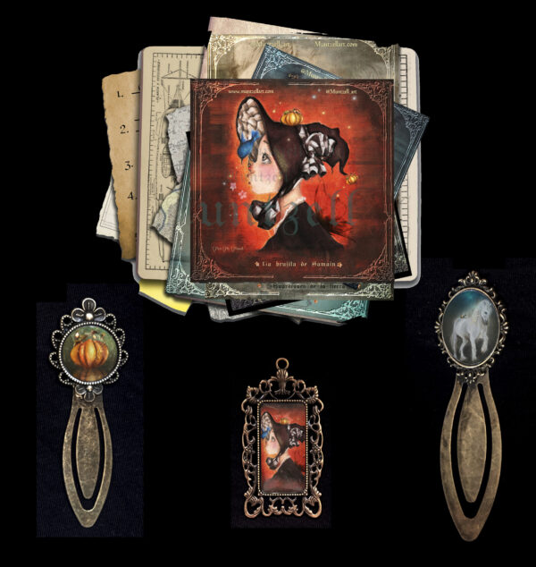 Pack de fantasía "Brujita de Samhain" compuesto por dos marcapáginas, un colgante, una lámina con leyenda de fantasía y un cuaderno con ilustración en portada